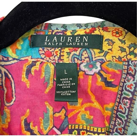 LAUREN RALPH LAUREN Women’s Blouse L Boho Paisley Patchwork Button Front Shirt - Picture 4 of 6